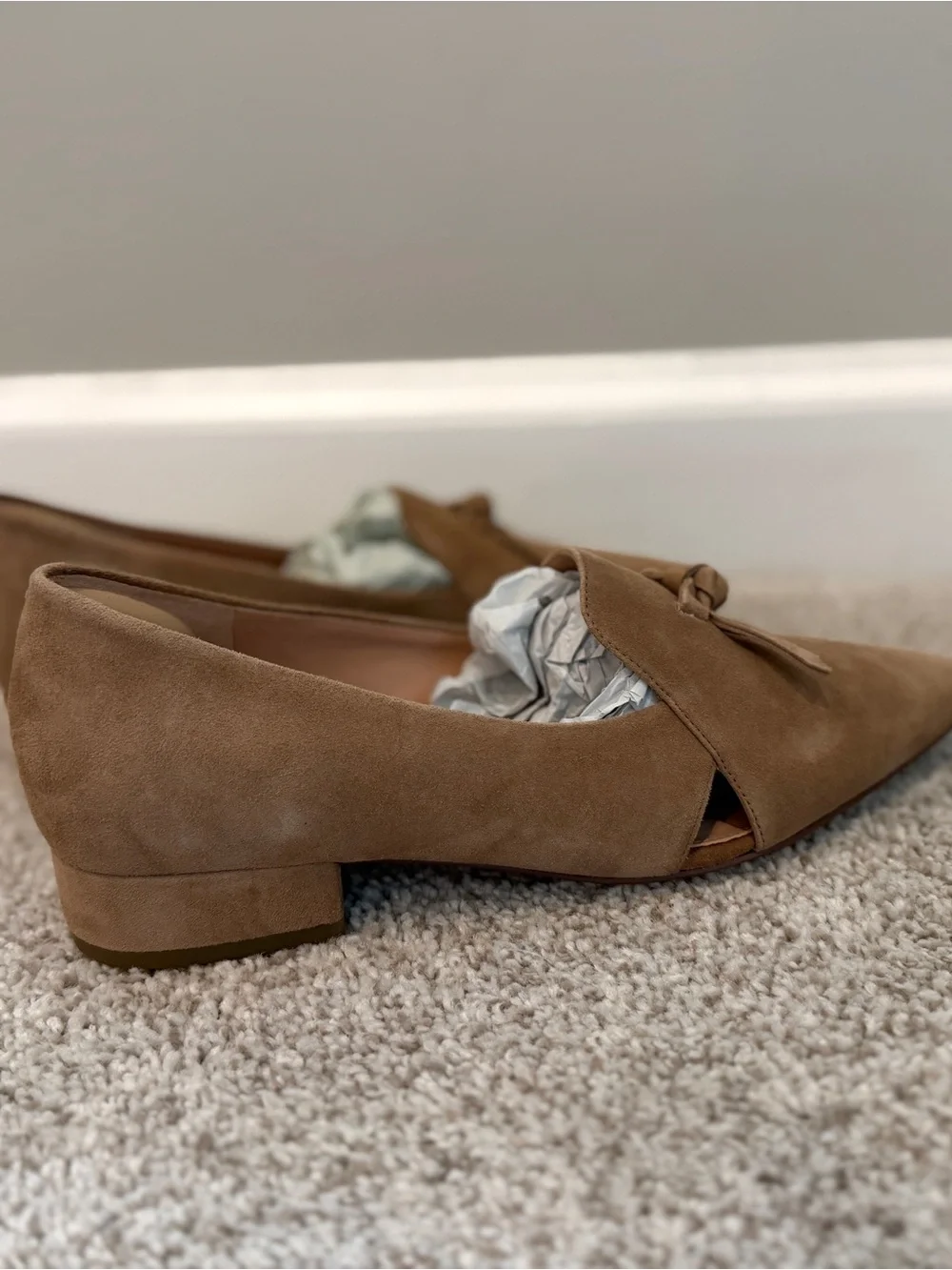 Cole Haan Viola Skimmer Tan Suede Pointed Toe Knot Loafers - Light Whiskey Suede
